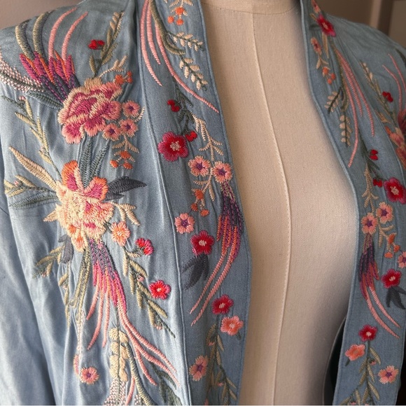 Johnny Was Workshop Embroidered Kimono Coat Medium Light Blue Pink Green - Picture 4 of 16